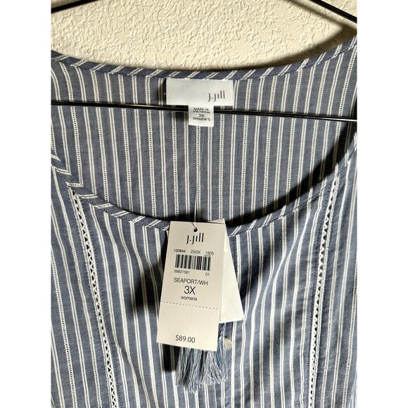 J.Jill Women’s 3X Tie-Front Top Seaport/White Stripe 100% Cotton Long Sleeve NWT - Picture 3 of 10